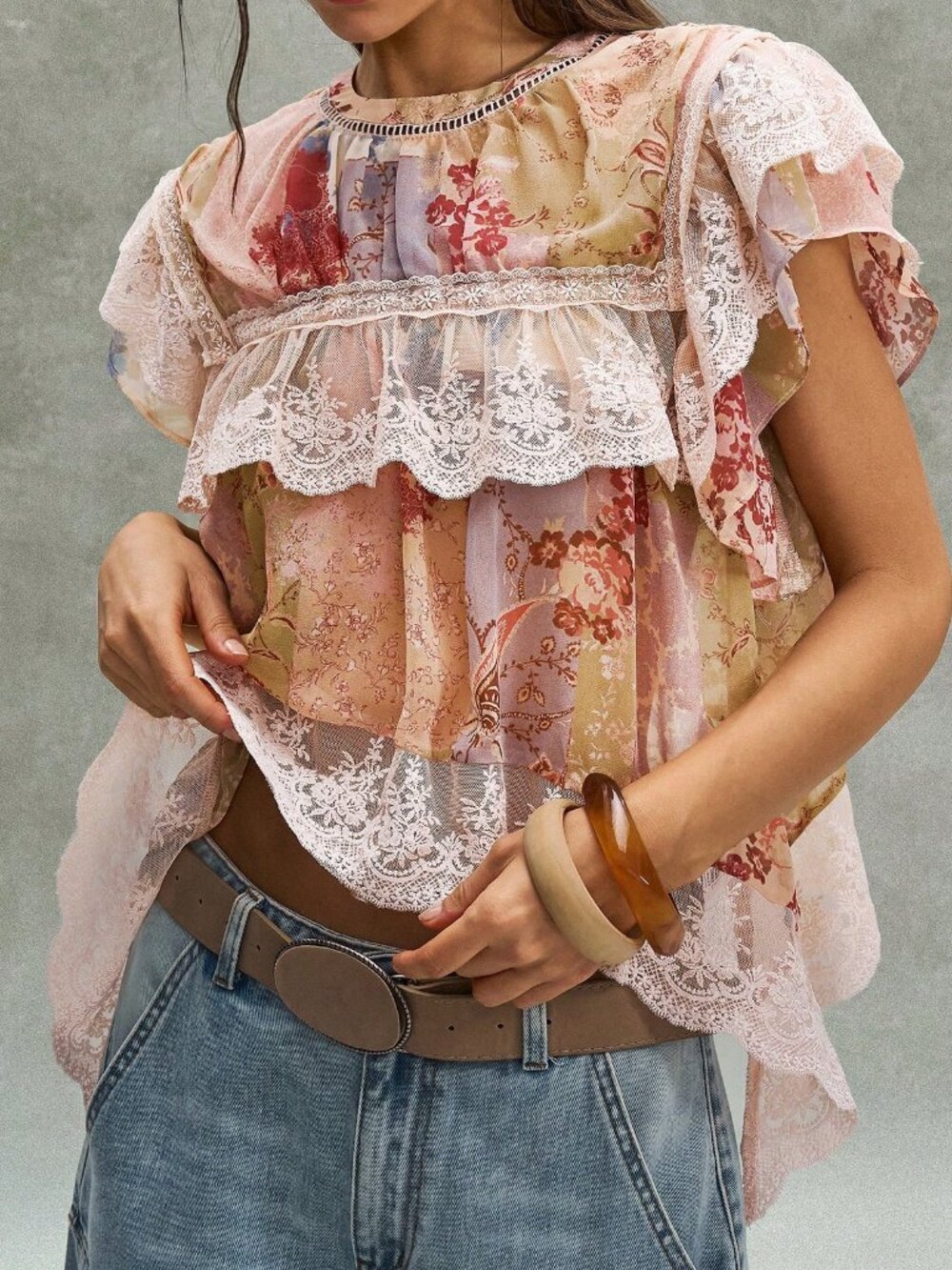 Army Green Boho Women's Casual Contrast Lace Floral Print Ruffle Sleeve Blouse - Picture 3 of 8